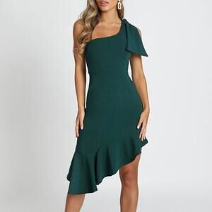 Saints + Secrets Emerald Green Asymmetrical One Shoulder Bow Dress Size M